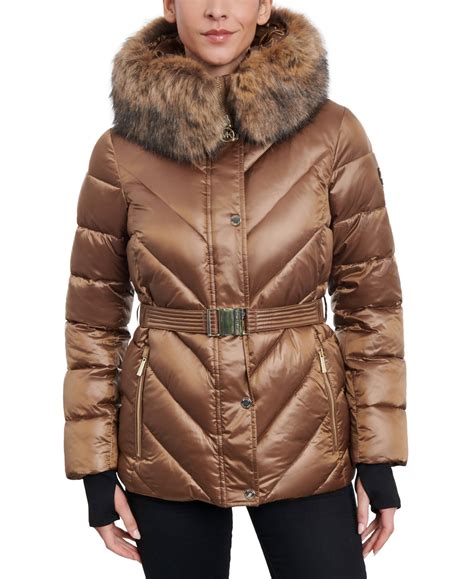 michael michael kors women's belted faux-fur-trimmed hooded puffer coat|MICHAEL Michael Kors Women's Shine Belted Faux.